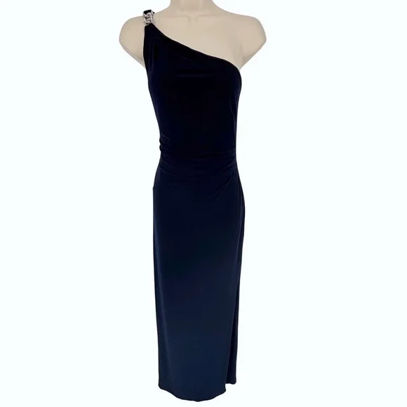 NWT Lauren Ralph Lauren Navy Blue One Shoulder Rhinestone Gown Dress Size 8 - Picture 2 of 10